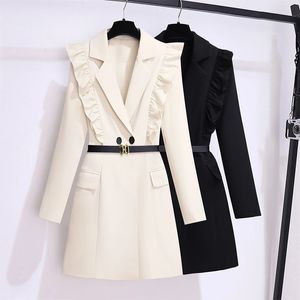 Temel Sıradan Elbiseler Sonbahar Pist Kadınlar Çifte Kesilmiş Kemer Blazers Palto Ofis Lady Ruffles Suit Yakası Uzun Kollu Koreli Kısa Blazers Elbise 2024
