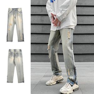 Новые мужские джинсы, потертые винтажные уличные маленькие прямые брюки на молнии, повседневные мужские окрашенные и потертые джинсовые брюки