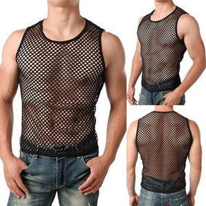 Męskie topy z siatki sportowe Sheer Slim Fit Training Postrzeganie przez T-shirt TOP Seksowna kamizelka mięśni rybnych M-XXL2955