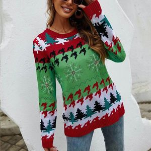 Maglioni da donna Maglione pullover con stampa ad albero per motivi geometrici natalizi Top a maniche lunghe Regali festivi Abbigliamento retrò femminile