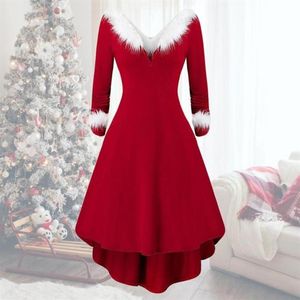 Casual Dresses Weihnachten Langarm V-Ausschnitt Partykleid Weiß Plüsch High Low Saum Patchwork Taille Eng Große Weihnachten Cosplay Costum329R