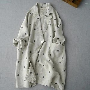 여자 정장 여성 면화와 린넨 폴카 도트 긴팔 정장 재킷 가을 한국 싱글 가슴 느슨한 대형 가디건 셔츠