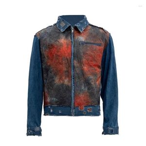 Jaquetas masculinas mix tingido plissado buraco diatressed estilo punk denik algodão jaqueta streetwear hip hop emenda zíper casaco para masculino