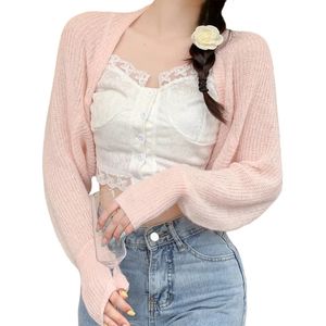Suéter feminino com frente aberta, bolero, manga comprida, cor sólida, proteção solar, malha cortada, cardigã 231013