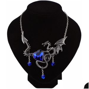 Pingente colares moda em forma de coração gemstone liga pingente gótico punk fogo-respiração dragão colar jóias jóias colares caneta dhpto