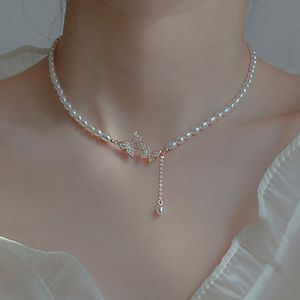 Vintage Pearl Chain Necklace With Futterfly Pendant Charms Silver Color Neck Jewelry for Women Party Gifts Wholesale YMN053