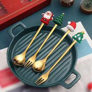 Dinnerware Sets 4Pcs Christmas Spoon Fork Set 2023 Home Tableware Decor 2024 Year Xmas Gifts Stainless Steel Forks And Spoons