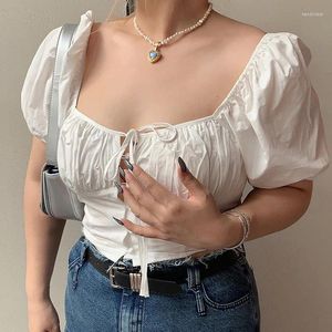 Women's Blouses Short Sleeve Square Neck Lace-Up Tie Shirt Crop Top Summer Cropped Blouse Women Y2k Aesthetic Clothing Plus Size 4xl Tee