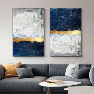 Paintings Abstract Gold Block Blue Canvas Poster And Print Painting Modern Golden Wall Art Nordic Navy Picture For Living Room Decor Dh1Sp