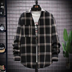 Primavera e Autunno Nuova Camicia a Scacchi Cappotto da Uomo Stile Hong Kong Camicia Sottile e Spessa Versione Coreana Camicia Ampia e Ampia per Giovani Vjkhi