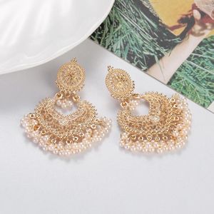 Orecchini pendenti Boho Vintage color oro a forma di cuore per le donne Gioielli etnici Jhumka Fiore Perla Nappa Gioielli da sposa