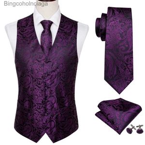 Мужские жилеты Дизайнерский жилет для мужчин Фиолетовый шелковый жилет с вышивкой и галстуком-нагрудным платком Свадебный формальный костюм для вечеринки Barry WangL231014