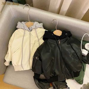 Down Coat Fashion Baby Girl Boy PU Leather Jacket Hooded Winter Infant Toddler Kids Leather Coat Fashion Chaqueta Thick Clothes 1-10Y J231013