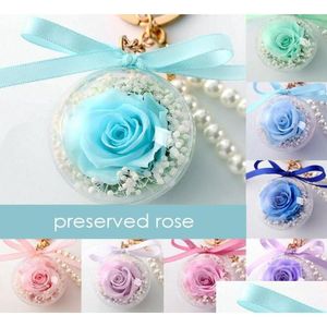 Ghirlande di fiori decorativi Fiore di rosa conservato in acrilico Portachiavi con sfera Nappa immortale Regalo romantico San Valentino039S Giorno Compleanno8 Dhign