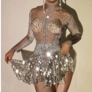 Scenkläder Silver Shining Rhinestones Sparkly Crystal Long Semesles Glitter Women Dress Latin Jazz Cha Dance Cloth Nightclub DJ Costume