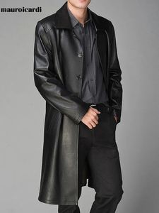 Couro masculino falso mauroicardi outono longo preto trench coat para mulher manga único breasted luxo estilo britânico moda 231013