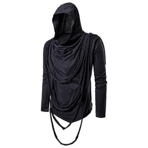 Men's T-Shirts Men Autumn Punk Rock Hip Hop Long Sleeve T Shirt Ripped Tassel Hooded Tees Tops Man Gothic Style Cloak Black W2952