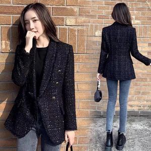 Damenanzüge Herbst Frauen Mode Tweed Zweireiher Schwarz Blazer Mantel Vintage Langarm Pattentaschen Weibliche Oberbekleidung Chic Anzug Femme