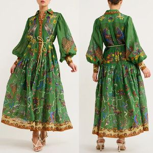 2023 Australian Designer Vintage French Court Style Pleated Oversized Print Long-Sleeved Single Breasted Graffiti Print Strap Waist Dress Size S-XL