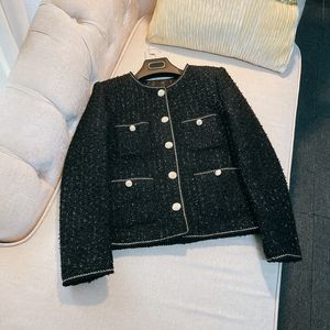 2023 Autumn Black Solid Color Panelled Tweed Jacket Long Sleeve Round Neck Double Pockets Single-Breasted Coats S3O112226