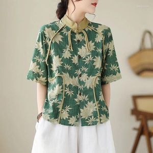Blusas femininas estilo chinês gola botão camisas de manga curta moda flor verde impresso bloues solto casual