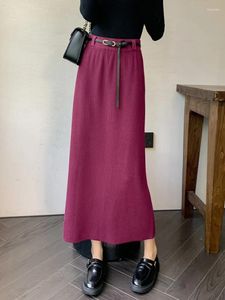 Skirts TIGENA Vintage Knitted Long Skirt For Women 2023 Fall Winter Korean Elegant Slim Straight Belt High Waist Midi Female Lady