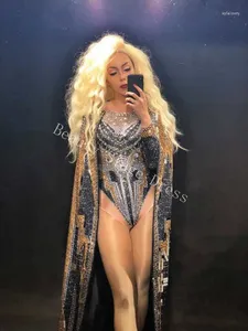 Stage Wear Fashion Crystals Leotard Long Coat Dance Outfit Stones Bodysuit Performance Party Luxurious Shining Costume