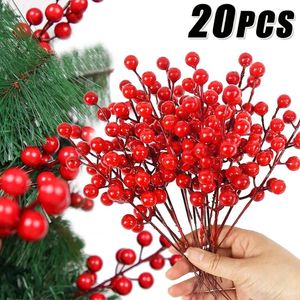 Decorative Flowers 20/1Pcs Artificial Red Berry Branches Christmas Tree Holly Berries DIY Xmas Wreath Table Ornaments For Year Party Decor