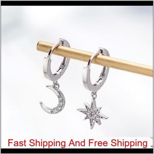 Star Moon Asimetrik 925 STERLING Gümüş Kübik Zirkonya Hoop Küpeler Kadınlar Moda CZ Circle Ear Ring Küpeler Mücevher2890