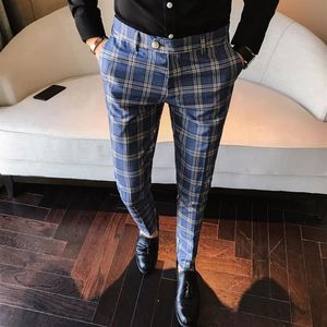 Mens fashion Men Dress Pant Plaid Business Casual Slim Fit Homme Classic Vintage Check Suit Trousers Wedding Pants245h