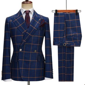 Fashion Check Plaid Men Suits Wedding Groom Tuxedos Peaked Lapel Business Party Costume Homme Jacket And Pants