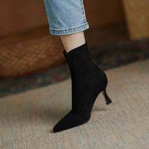 Boots Women's Boots Autumn Winter Stretch Fabric Sock Mid-calf Boots Sexy Ladies Thin High Heels Shoes Pointed Toe Female Pumps 231013
