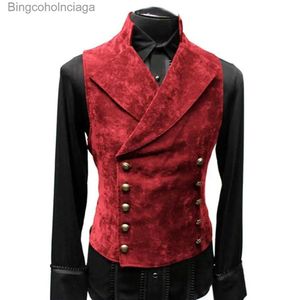 Men's Vests Vintage Red Suede Suit Vest Men Waistcoat Stand Collar Solid Color Double Breasted Slim-Fit Vest Steampunk Gilet HommeL231014