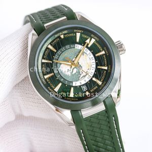 6 estilo 43mm super relógios masculino automático cal.8938 movimento relógio masculino mostrador verde relógio mundial data descoberta vs aço esporte pulseira de borracha