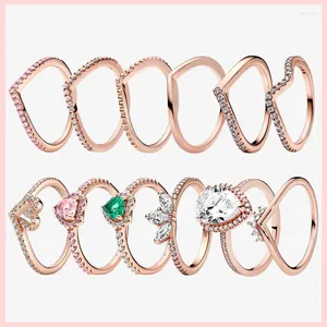 Cluster Rings Wishbone Rose Gold For Women 925 Sterling Silver Original Heart Crown Crystal Engagement Wedding Party Jewelry