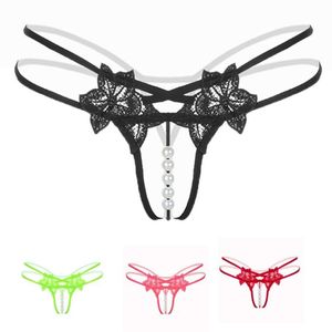 Pearl Massage G-String Erotic Sexy Women Panties Open Crotch Lace Transparent Thong Porn Temptation Lingerie294G
