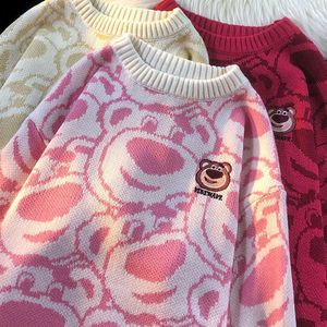 Simpatico orsetto fragola maglione rosa autunno e inverno peluche sciolto vento pigro morbido cappotto camicia lavorata a maglia di latte glutinoso