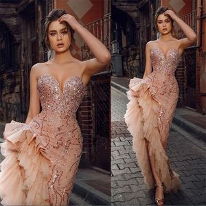 Sparkly Sequined Mermaid Prom Gowns Sexy Sweetheart Neck Tiered Ruffles Side Split Evening Dress Backless Formal Gowns vestidos de novia