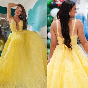 Vestido de baile longo amarelo claro 2k24 decote em V profundo linha A Lady Pageant inverno formal noite coquetel vestido Hoco Tarik com renda nas costas padrões florais