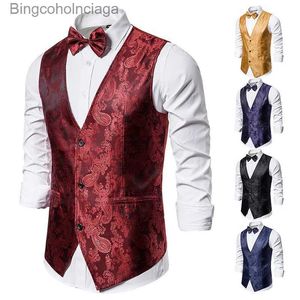 Herrvästar vin röd jacquard kostym Vest Men's Business Banket Wedding Party Groom Dress Tops Storlek XXL-SL231014