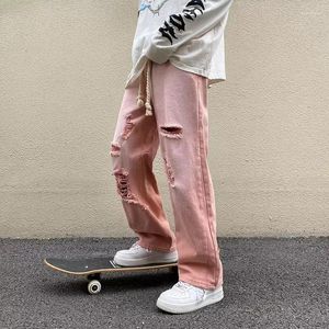 Men's Pants American Style Ripped Dirty Pink High Street Causal Loose Straight Wide Leg Jeans Men Trousers Male Clothes