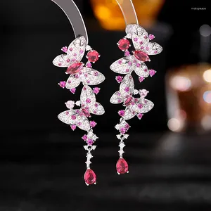 Dangle Earrings 2023 Charming Butterfly Shape Pink Cubic Zirconia Silver Color Long For Women Dancing Dress Jewelry