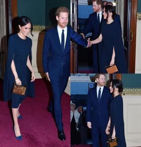 Meghan Markle mother of the bride dress with cape Navy Blue Jewel Neck tealength Outfit red carpet celebrity evening gowns8883967