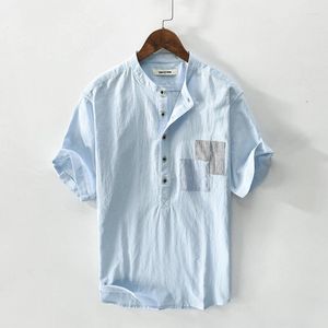T-shirt da uomo Elegante camicia pullover di qualità in lino a maniche corte da uomo di marca Trendy confortevole colletto alla coreana Top vestiti 4 colori Vetement