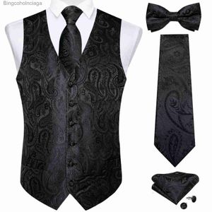 Coletes masculinos homens preto paisley colete gravata borboleta bolso quadrado abotoaduras vestido conjunto clássico 5 pcs colete de negócios para manl231014