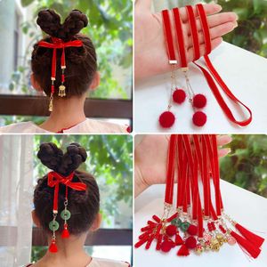 Czerwone plecione włosy lina dla dzieci Hanfu Chiński styl Bell Ribbon Tassel Hair Accessory Girl's Hair Band