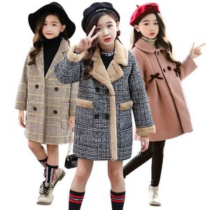Down Coat 2024 Autumn Winter Girls Hairy Coat Fashion Design Long Coat for Girls Kids Outerwear Grid pattern 4 to 12 years old J231013