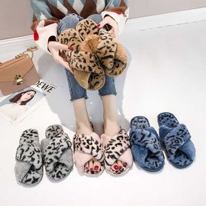 Nya Cross Fur Slippers Women Fashion Korean Leopard Pattern Home Slippers Casual Flat Bottom Open Toe Floor Tisters 231007