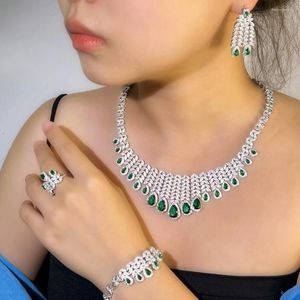 Collana e orecchini set 4 pezzi verde bianco CZ pendente foglia anello braccialetto di lusso per le donne regalo nuziale di cristallo della festa nuziale