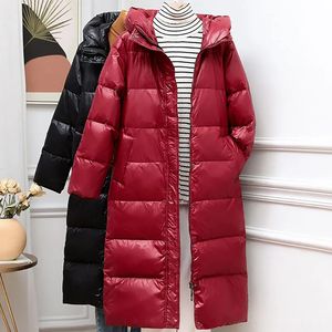 Piumino da donna Parka con cappuccio viso luminoso Cappotto lungo da donna addensato Inverno Semplicità Elegante coreano Slim Warm Lady Casual Giacca d'anatra bianca 231013